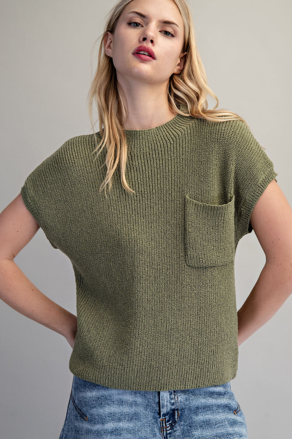 Solid Round Neck Short Sleeve Sweater Top Vanilla