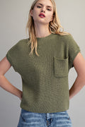 Solid Round Neck Short Sleeve Sweater Top Vanilla
