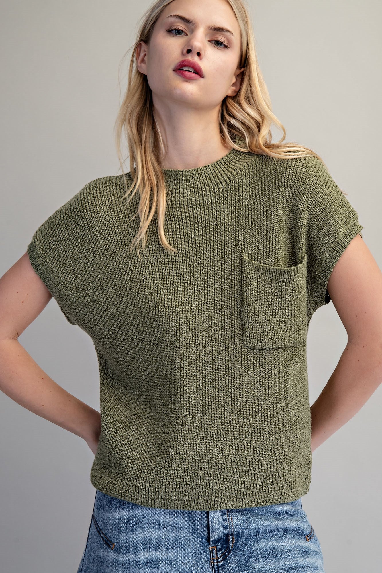 Solid Round Neck Short Sleeve Sweater Top Vanilla