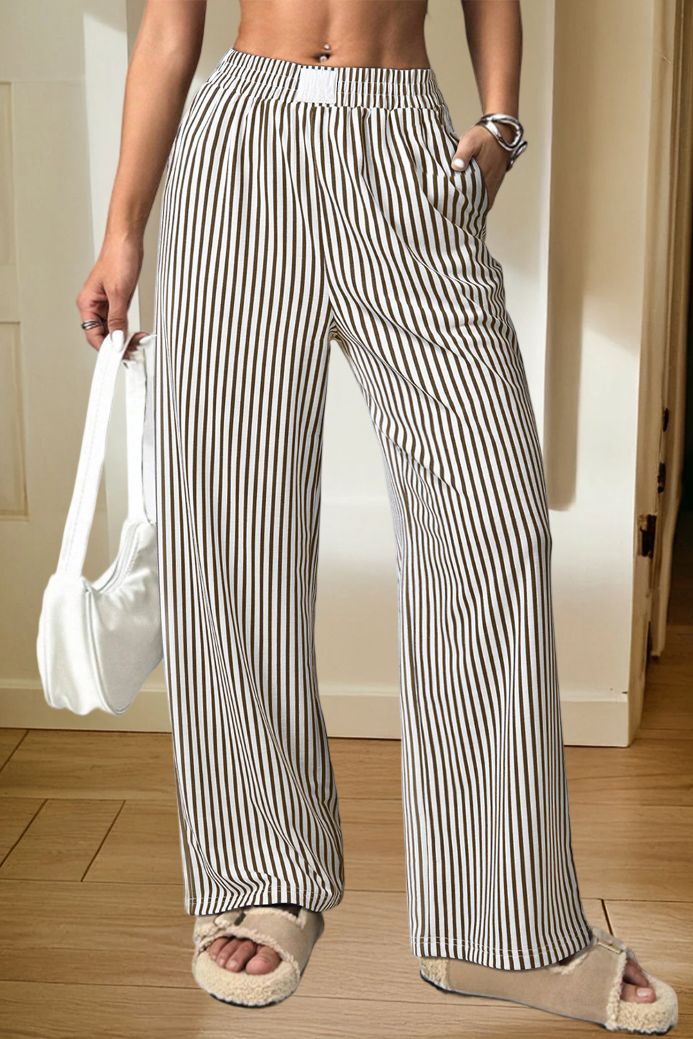 Stripe Elastic High Waist Pocketed Loose Pants (S-XL)