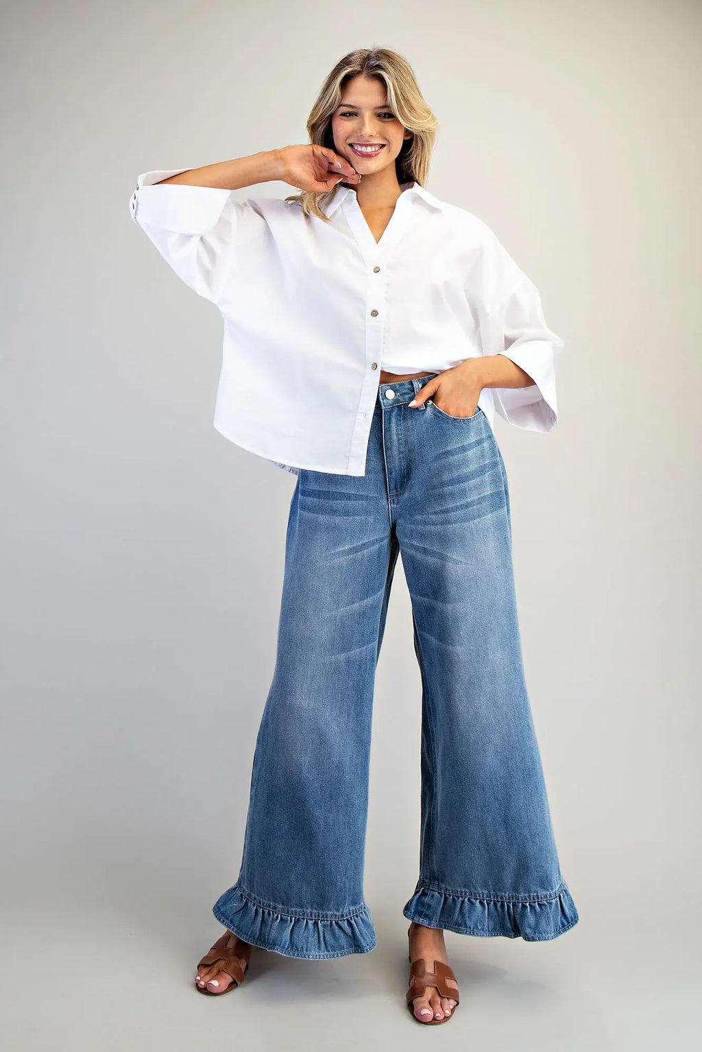 Mineral Washed Ruffle Hem Jeans