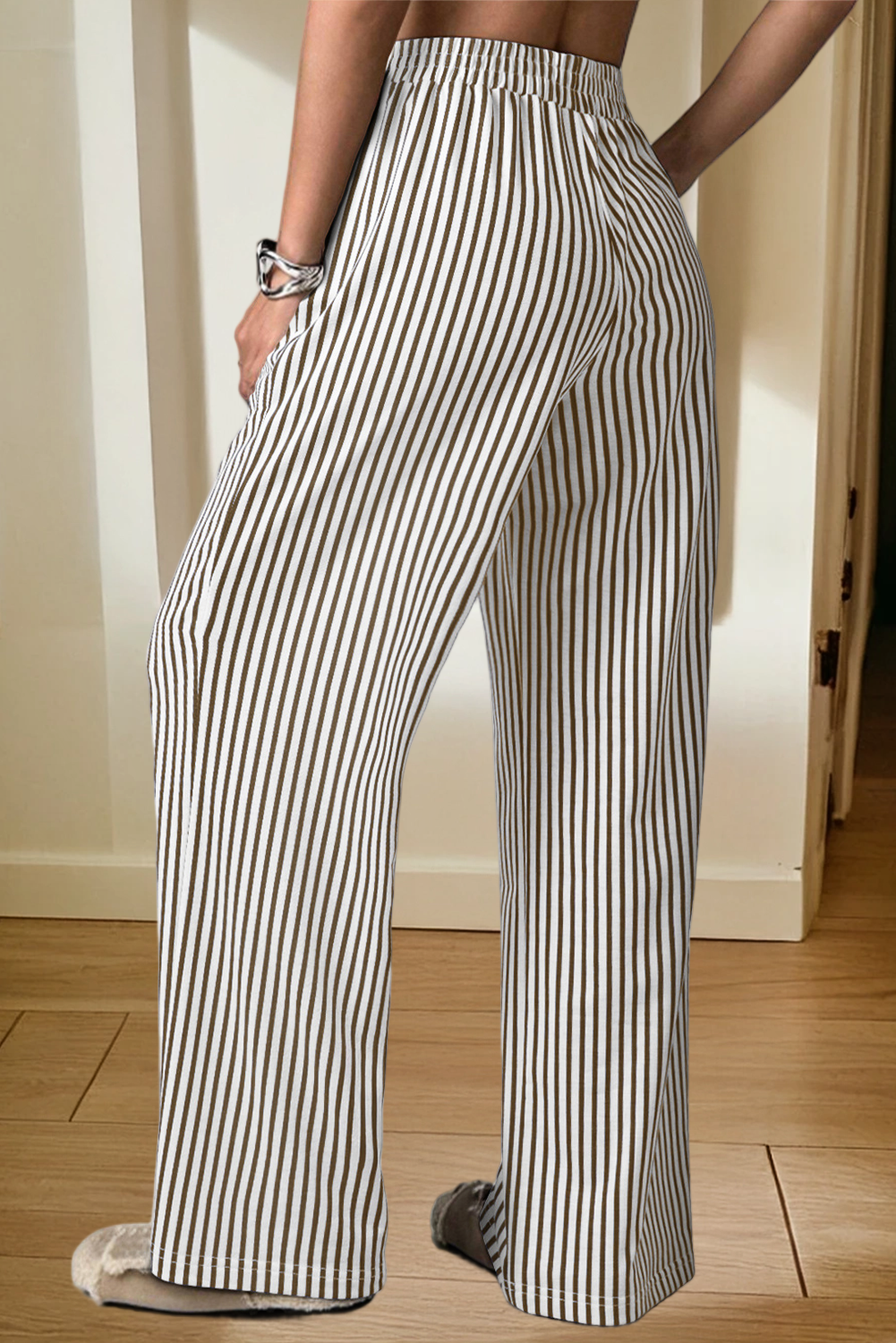 Stripe Elastic High Waist Pocketed Loose Pants (S-XL)