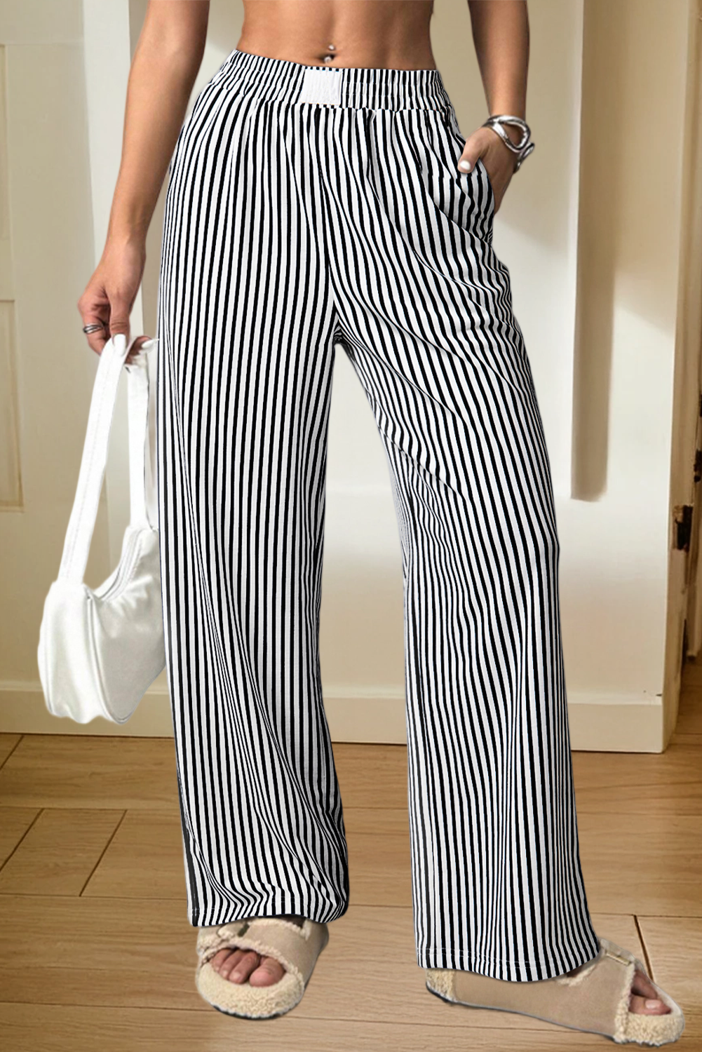 Stripe Elastic High Waist Pocketed Loose Pants (S-XL)