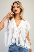 Black V-Neck Lace Trim Blouse Top