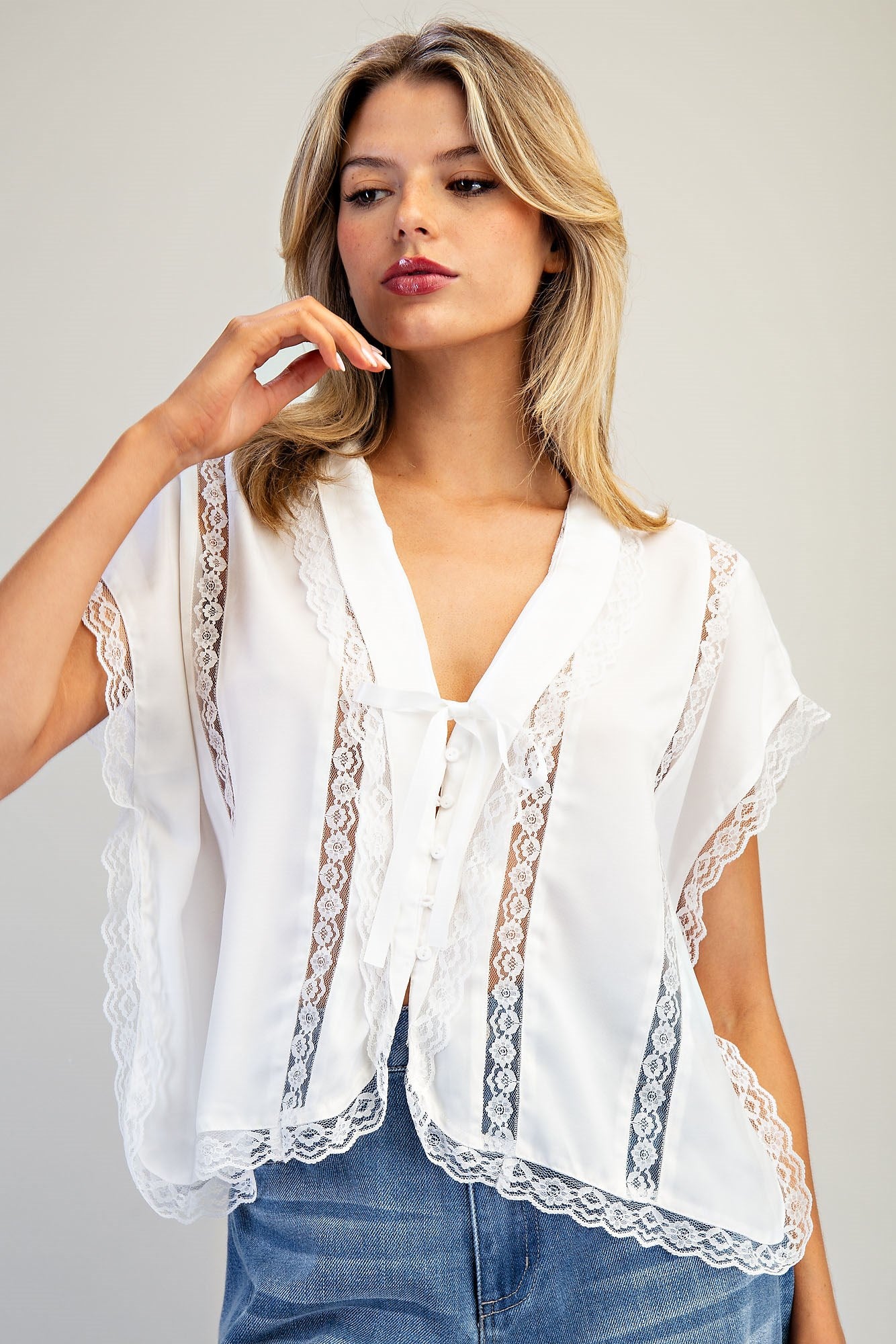 Black V-Neck Lace Trim Blouse Top
