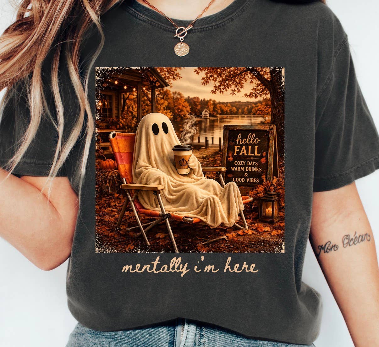 Mentally I'm Here Trendy Fall Ghost Graphic Tee