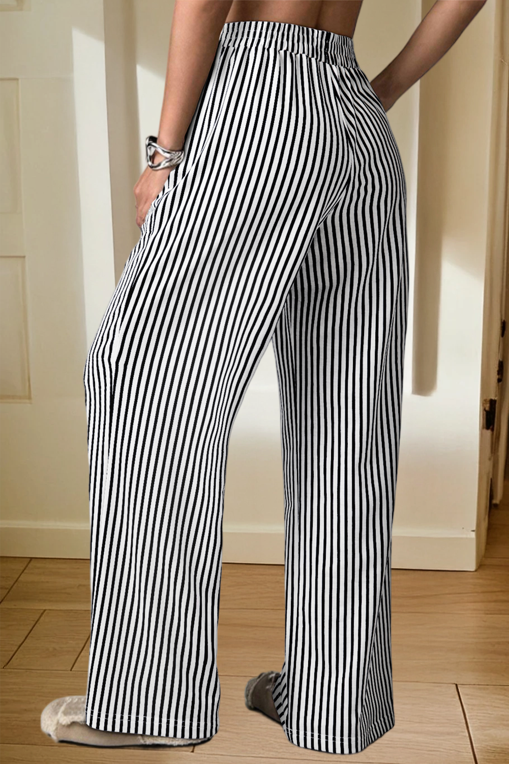 Stripe Elastic High Waist Pocketed Loose Pants (S-XL)