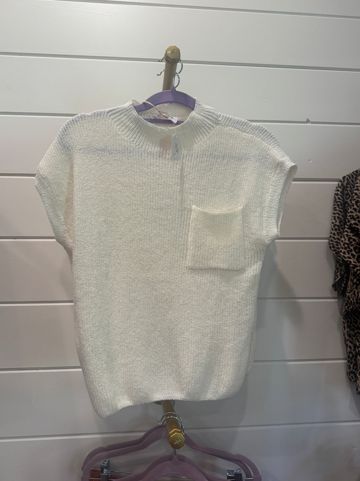 Solid Round Neck Short Sleeve Sweater Top Vanilla-2