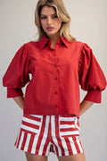 ee:some Red button up puffed sleeves