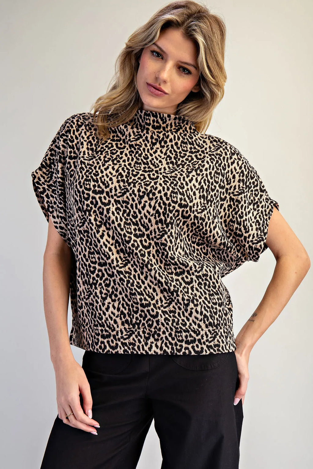 Leopard Print Mock Neck Dolman Sleeve Top