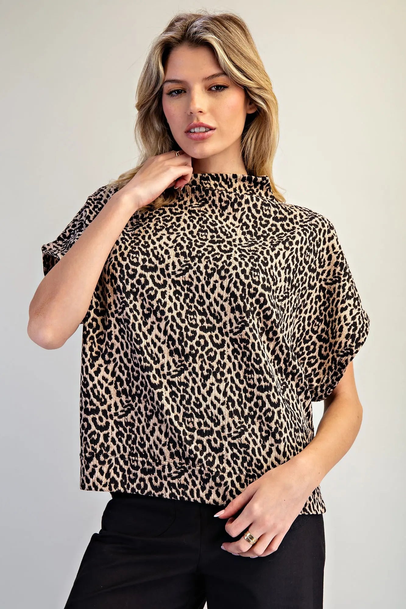 Leopard Print Mock Neck Dolman Sleeve Top