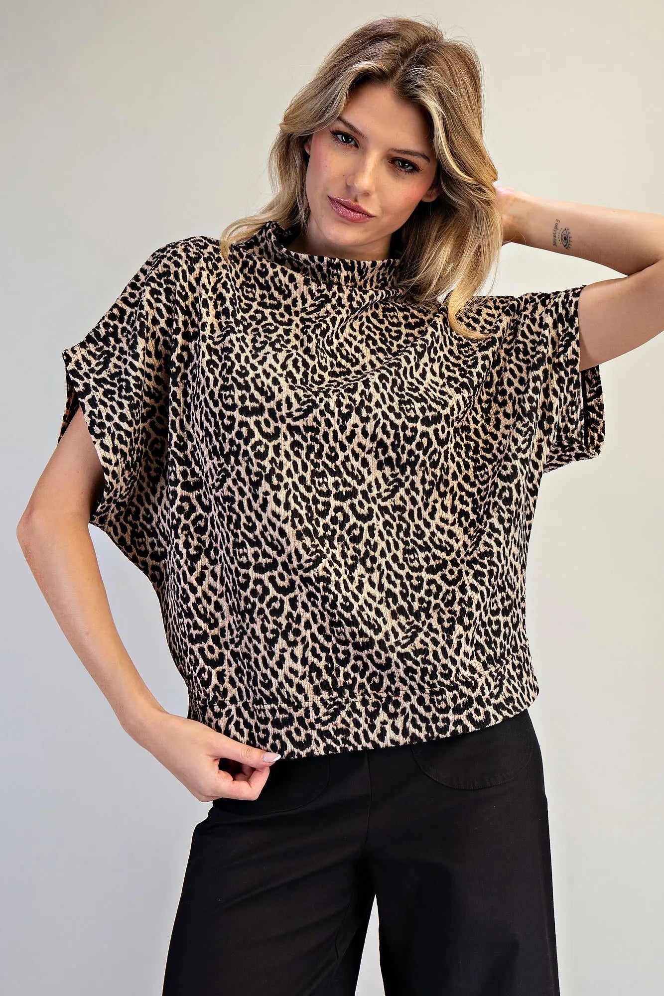 Leopard Print Mock Neck Dolman Sleeve Top