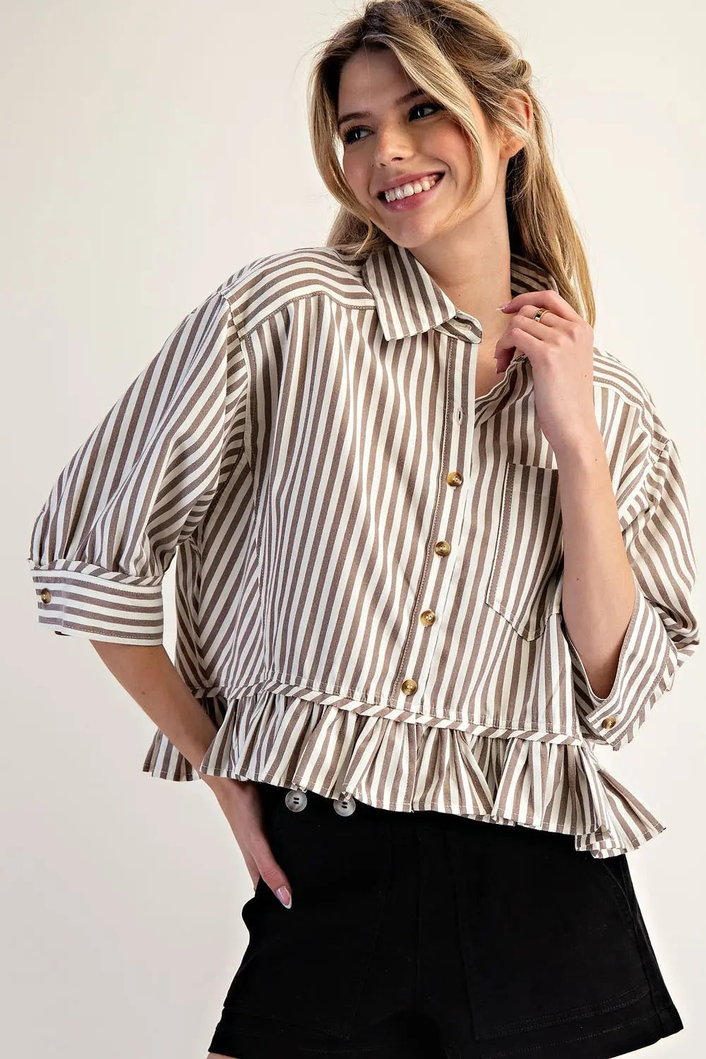 Striped Ruffle Hem Button Up Blouse