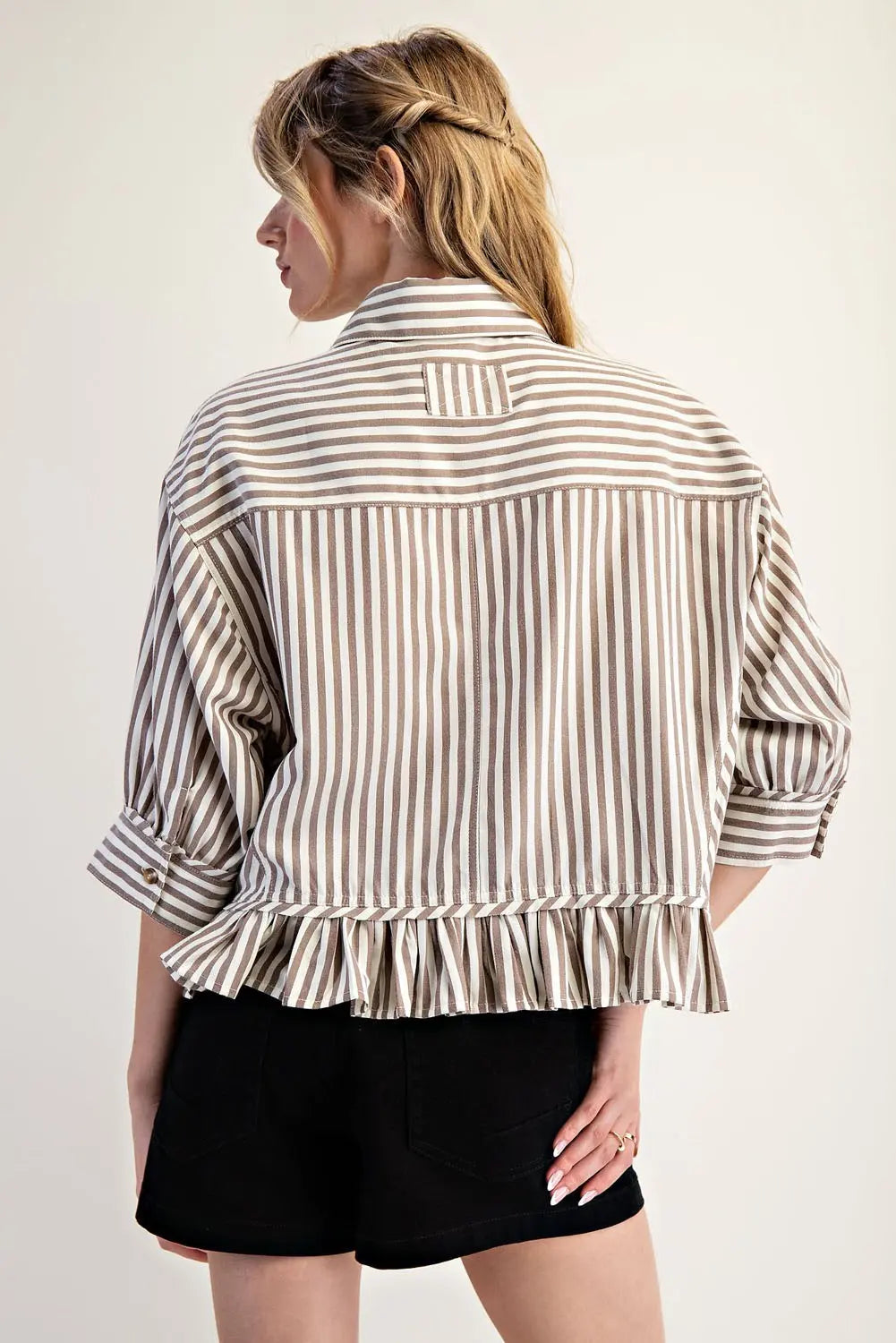 Striped Ruffle Hem Button Up Blouse