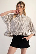 Striped Ruffle Hem Button Up Blouse