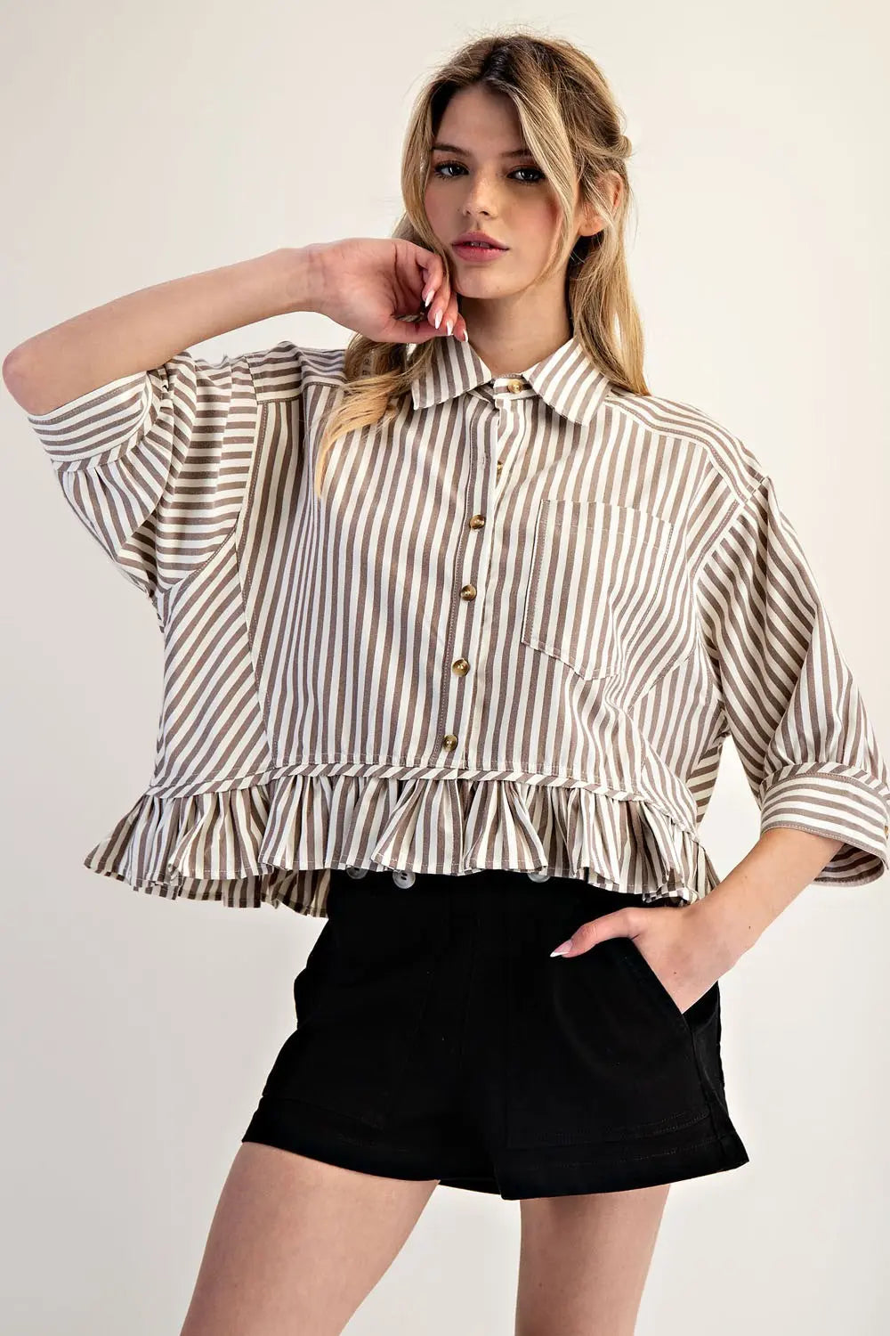 Striped Ruffle Hem Button Up Blouse