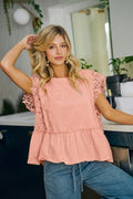 SOLID JERSEY TIERED TOP WITH LACE SLEEVE