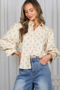 Short Puff Sleeve Polka Dot Print Shirt