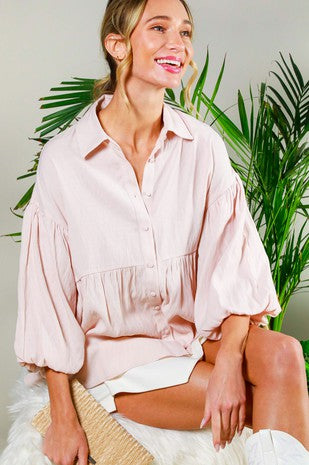 Collared Balloon Sleeve Button Down Shirt Top