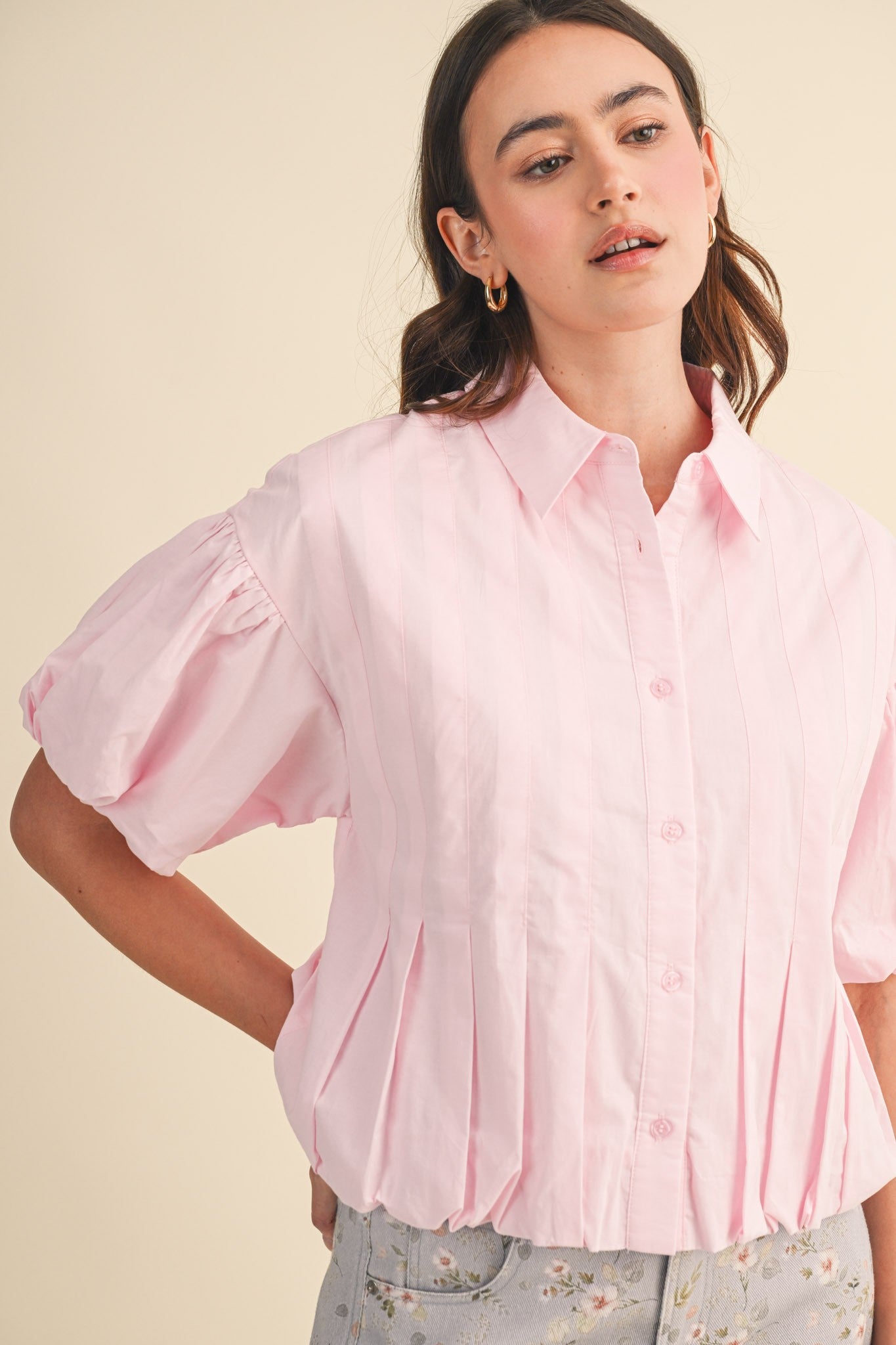 Pleated Bubble Hem Button Down Top