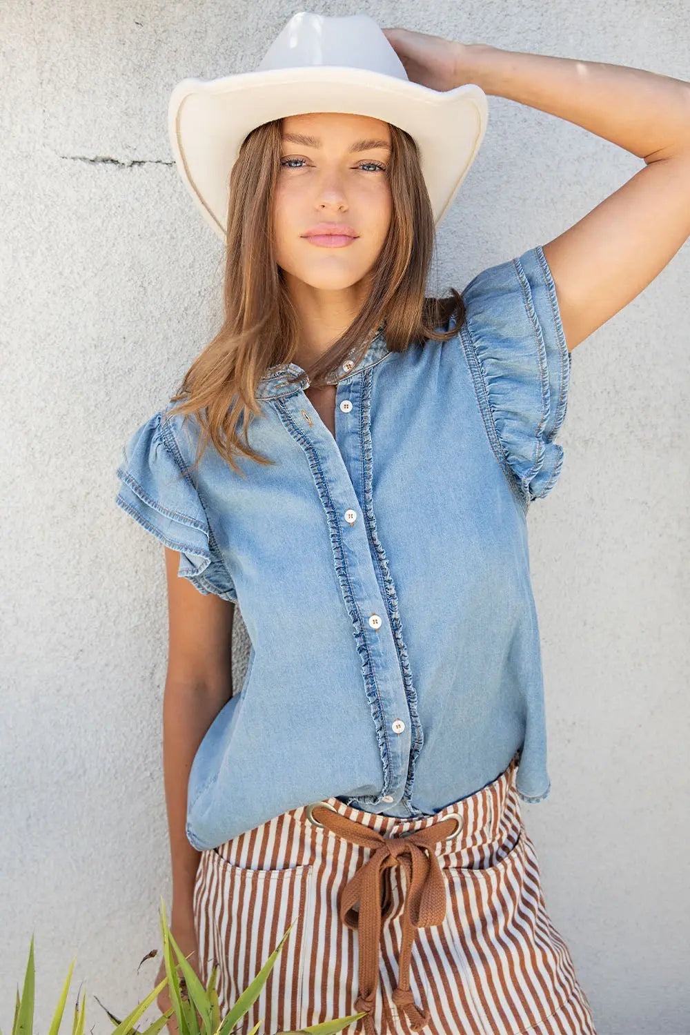 Washed Ruffle Trim Flutter Sleeve Chambray Blouse ✨
