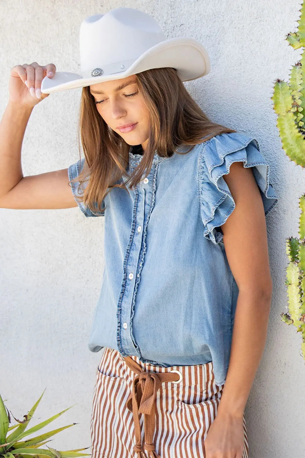Washed Ruffle Trim Flutter Sleeve Chambray Blouse ✨