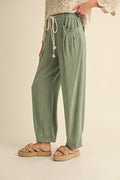 Waist Belted Linen Blend Barrel Leg Loose Pants