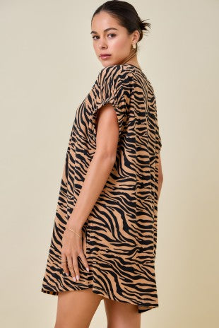 Tiger Print Mini Tshirt Dress With Elastic Sleeve Detail