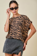 Tigerprint Easy Tshirt Knit Top With Elastic Sleeve Detail