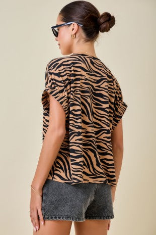 Tigerprint Easy Tshirt Knit Top With Elastic Sleeve Detail