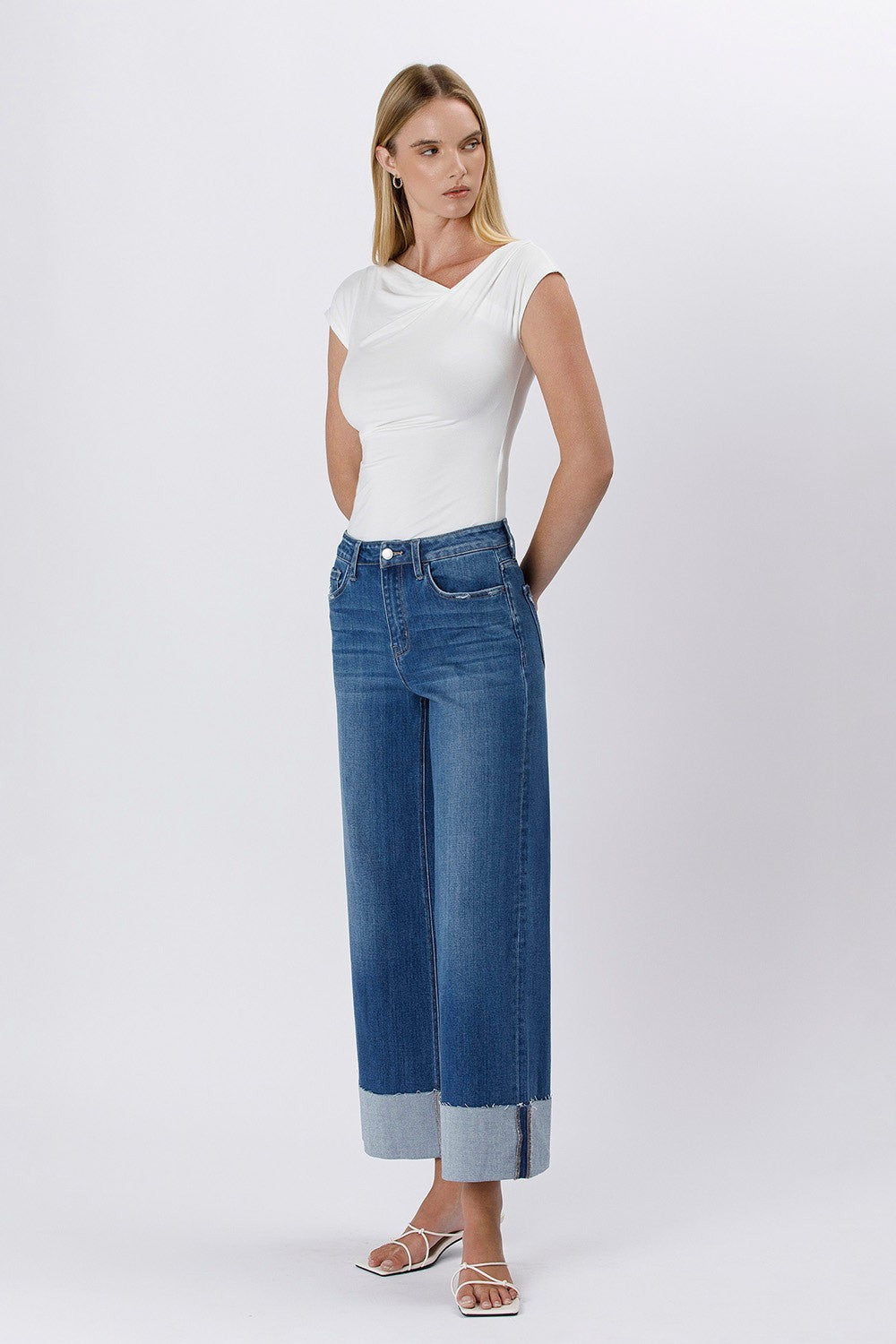 High Rise Cuffed Wide Leg Jeans