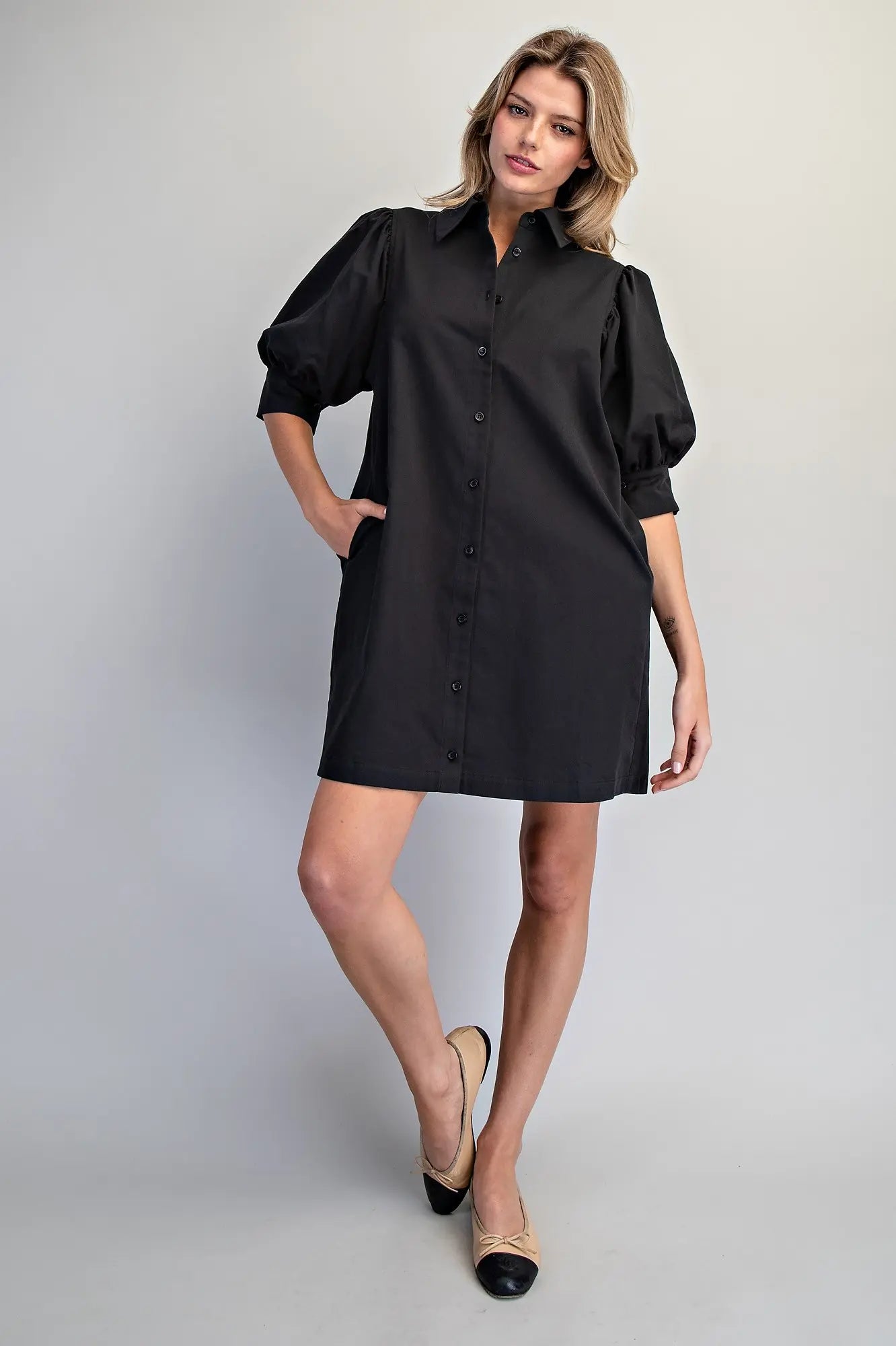 Button Down Puff Sleeve Dress