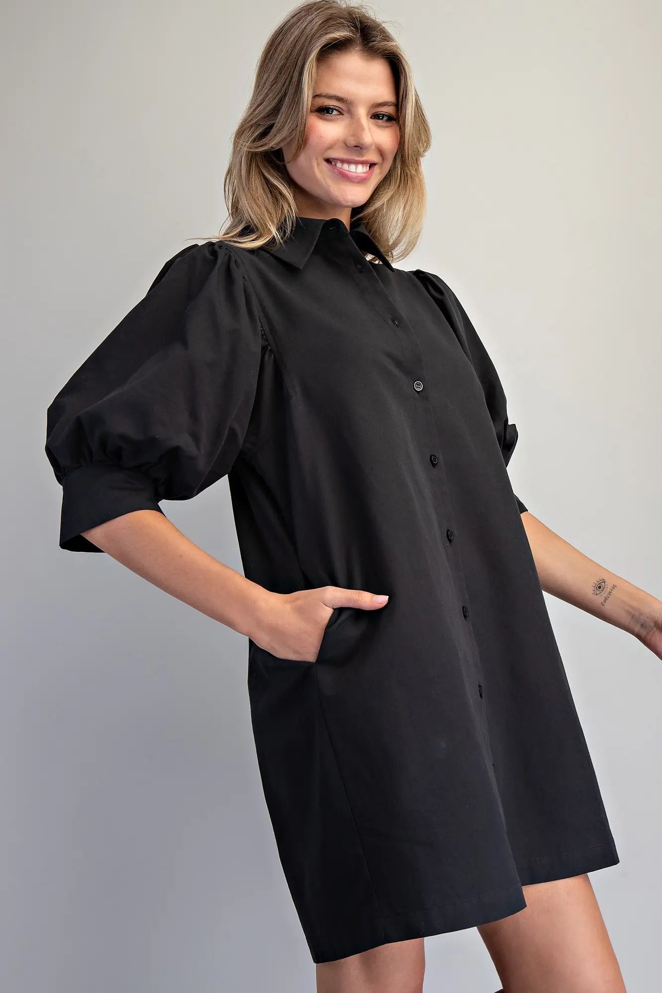 Button Down Puff Sleeve Dress
