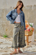CAMOUFLAGE PRINTED DENIM RUFFLED HEM MID RISE BLOOMER PANTS
