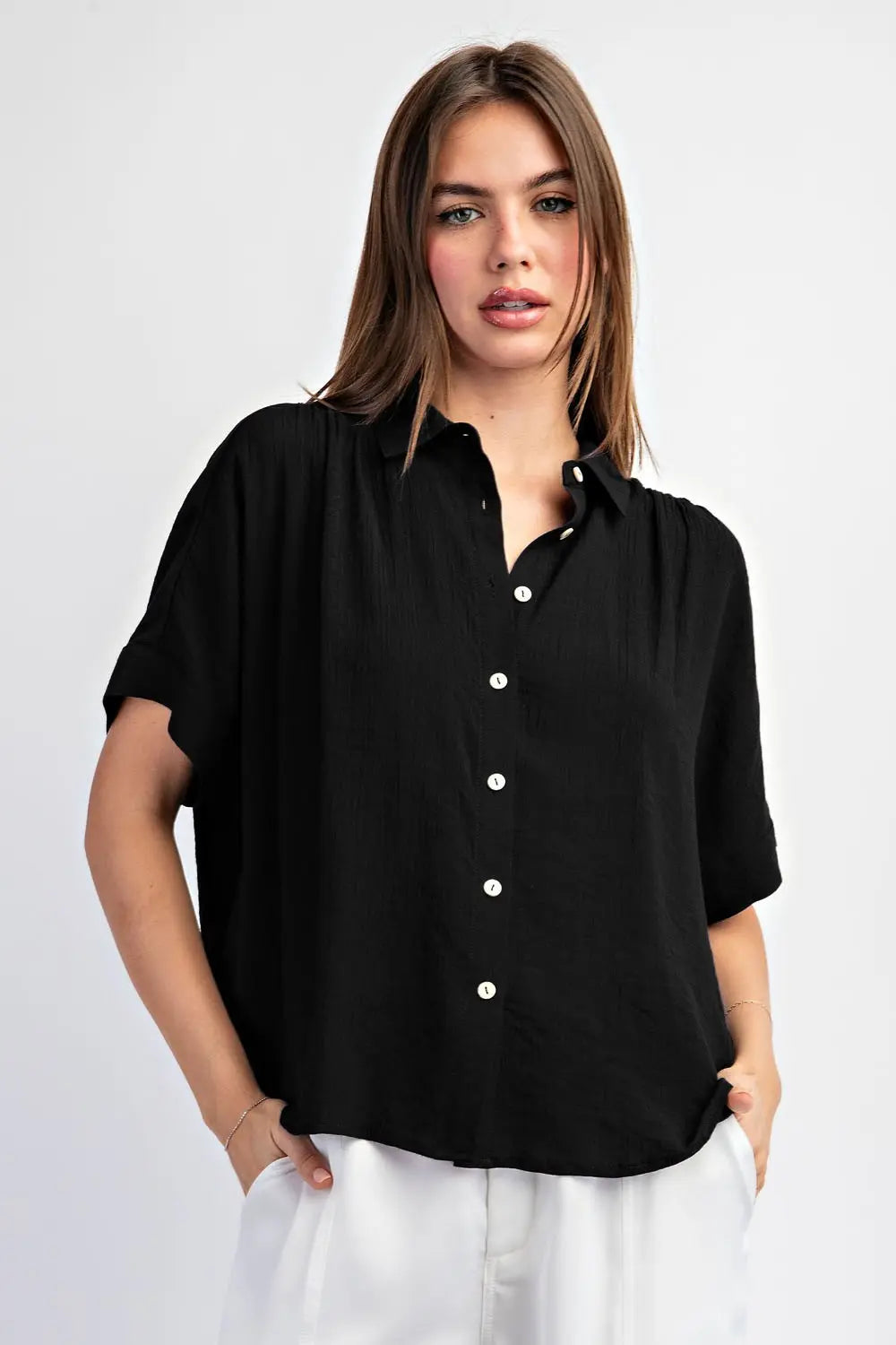 Black Solid Short Sleeve Button Down Top