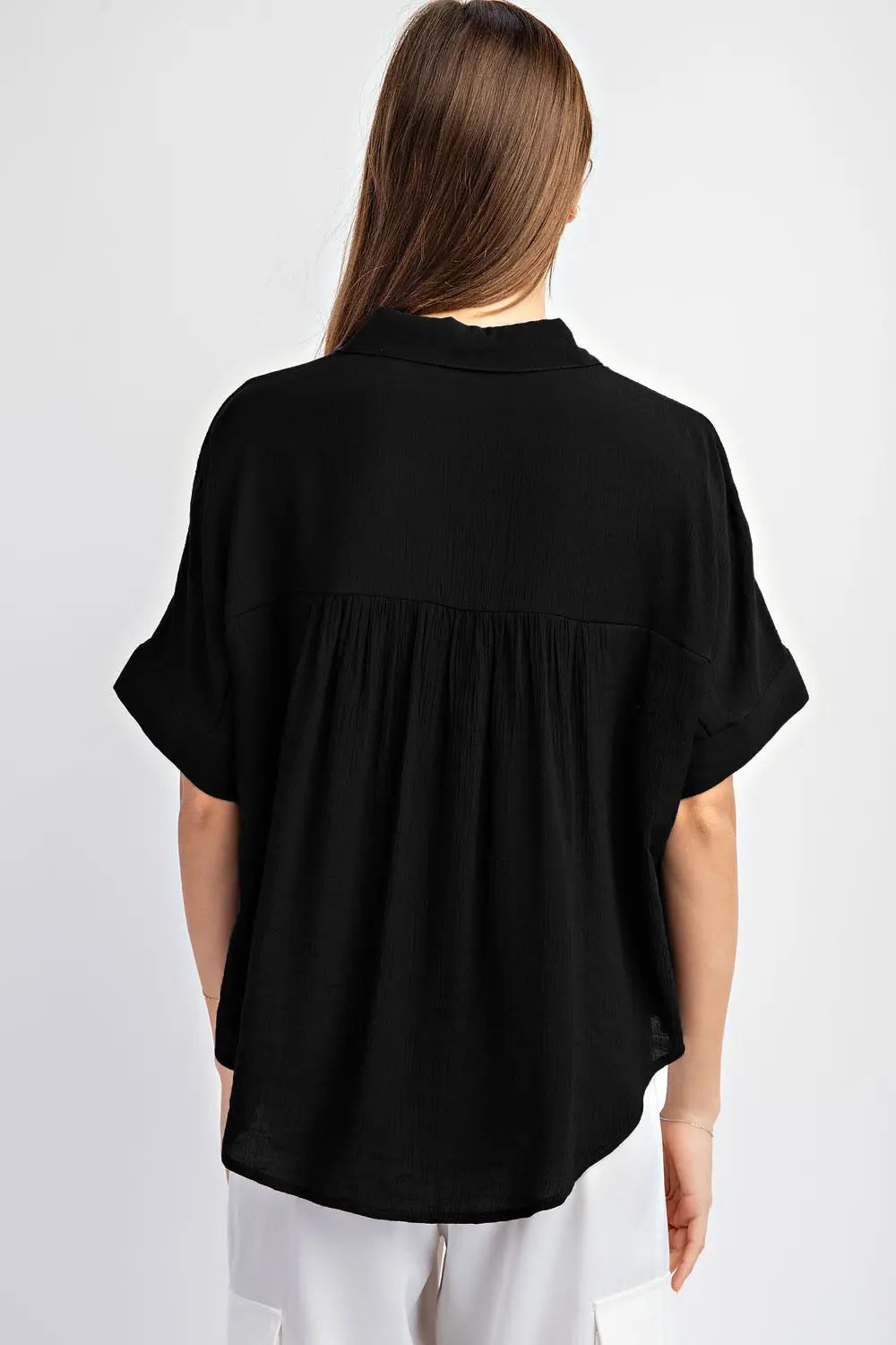 Black Solid Short Sleeve Button Down Top