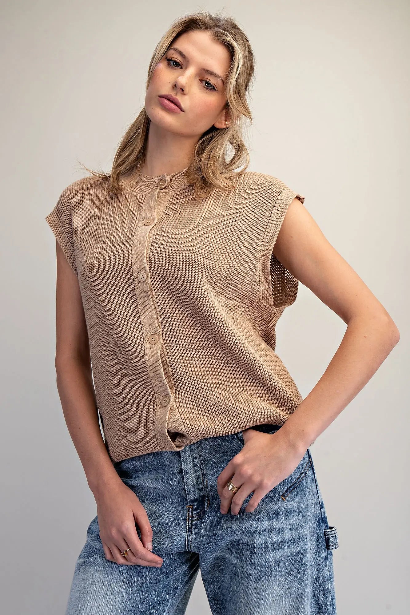 Solid Button Down Knit Top