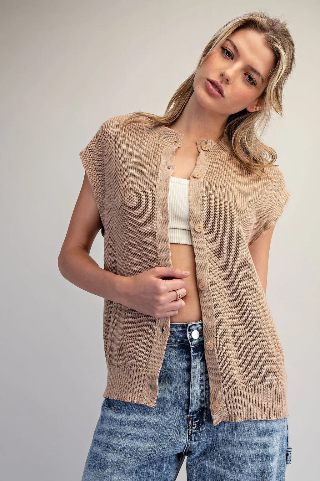 Solid Button Down Knit Top