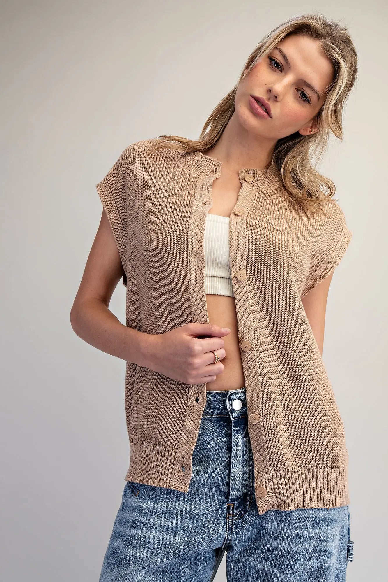 Solid Button Down Knit Top