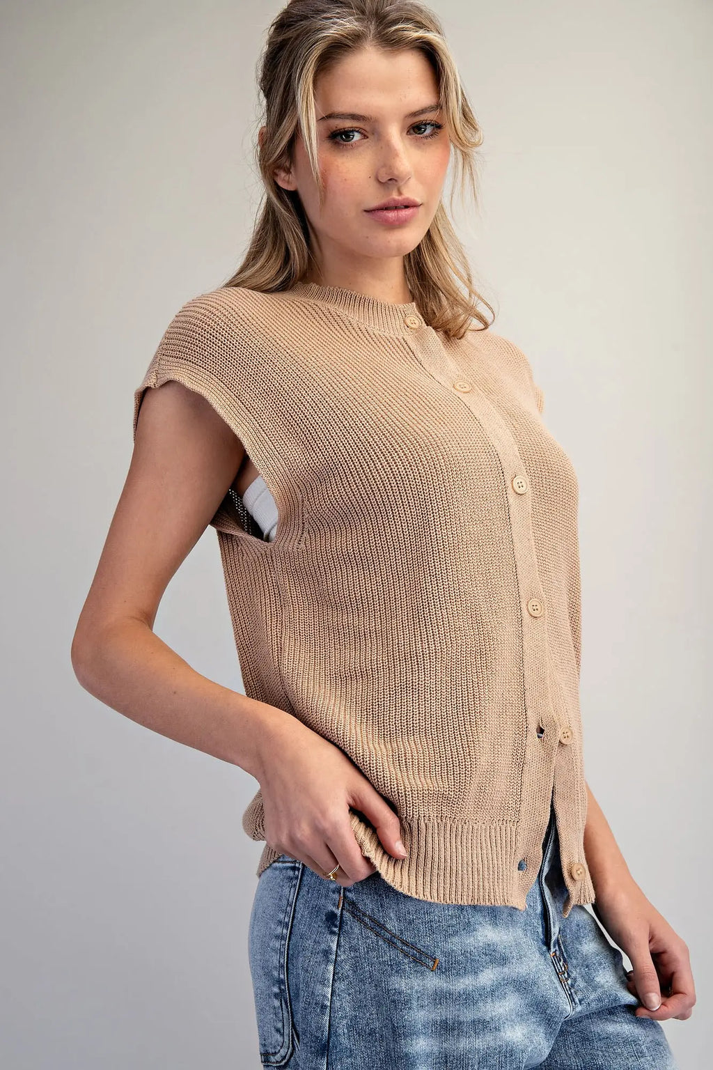 Solid Button Down Knit Top