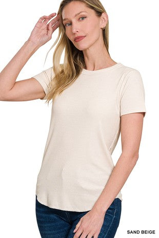 Ribbed Curved Hem Round-neck Tee