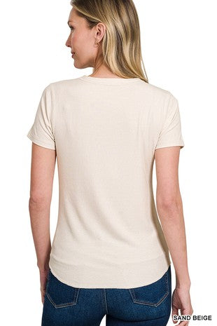 Ribbed Curved Hem Round-neck Tee