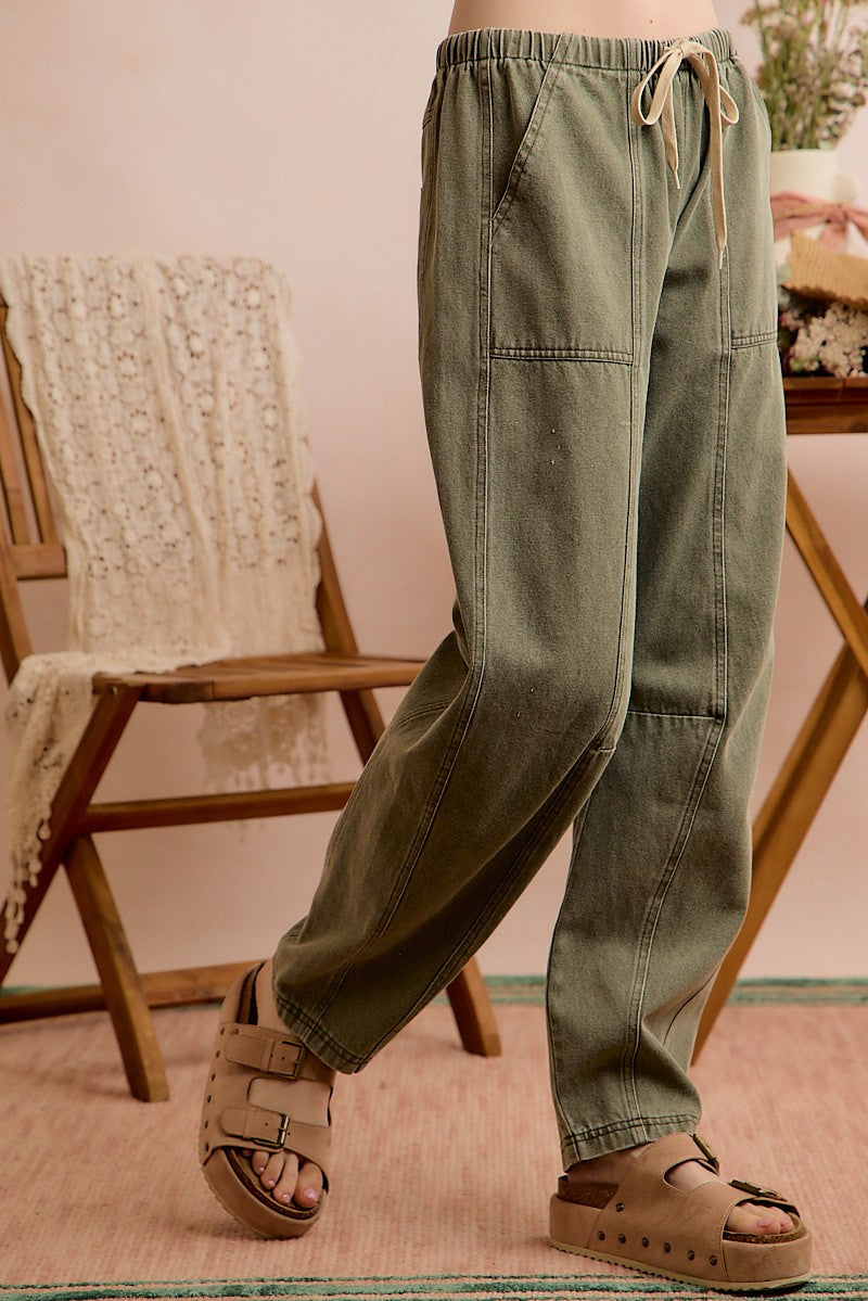 Mid Rise Waist Drawstring Barrel Jeans Pants