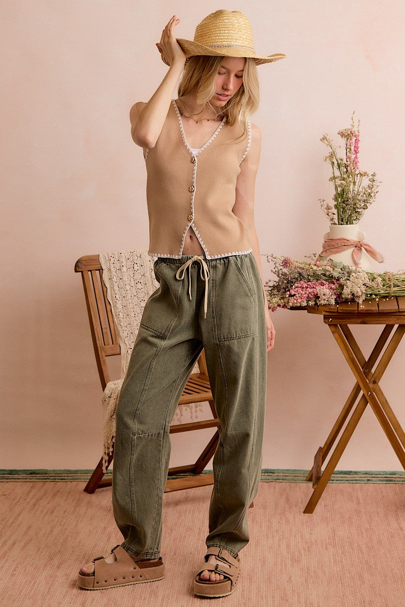 Mid Rise Waist Drawstring Barrel Jeans Pants