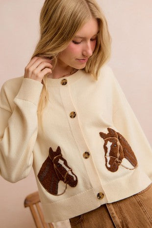 Jacquard Horse Graphic Long Sleeve Knit Sweater Cardigan