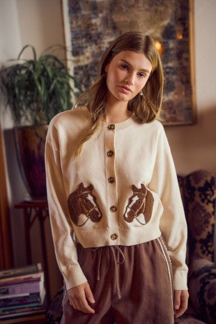 Jacquard Horse Graphic Long Sleeve Knit Sweater Cardigan