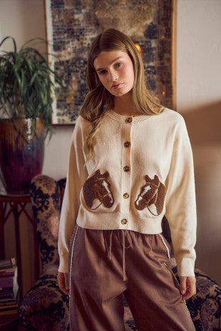 Jacquard Horse Graphic Long Sleeve Knit Sweater Cardigan
