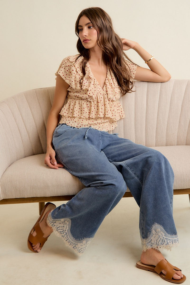 Lace Trim Wide Leg Elastic Waist Mid Rise Denim Pants
