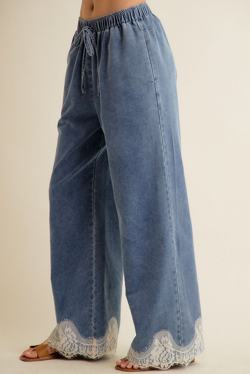 Lace Trim Wide Leg Elastic Waist Mid Rise Denim Pants