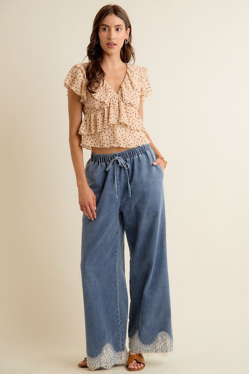Lace Trim Wide Leg Elastic Waist Mid Rise Denim Pants